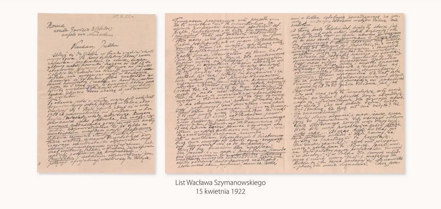 List Wacława Szymanowskiego, Rzym, 15 kwietnia 1922 r. Autor zwraca się do J.Fałata, wówczas dyrektora Departamentu Sztuki w ministerstwie w Warszawie z prośba o pracę i pomoc przy realizacji pomnika F.Chopina.